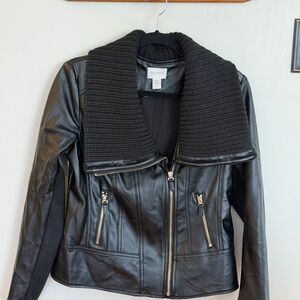 Chico’s Faux Leather Black Women's Jacket with Knit Collar